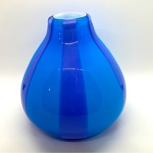 Vintage Cased Art Glass Murano Style Circus Tent Blue & Purple Stripe Blown Vase